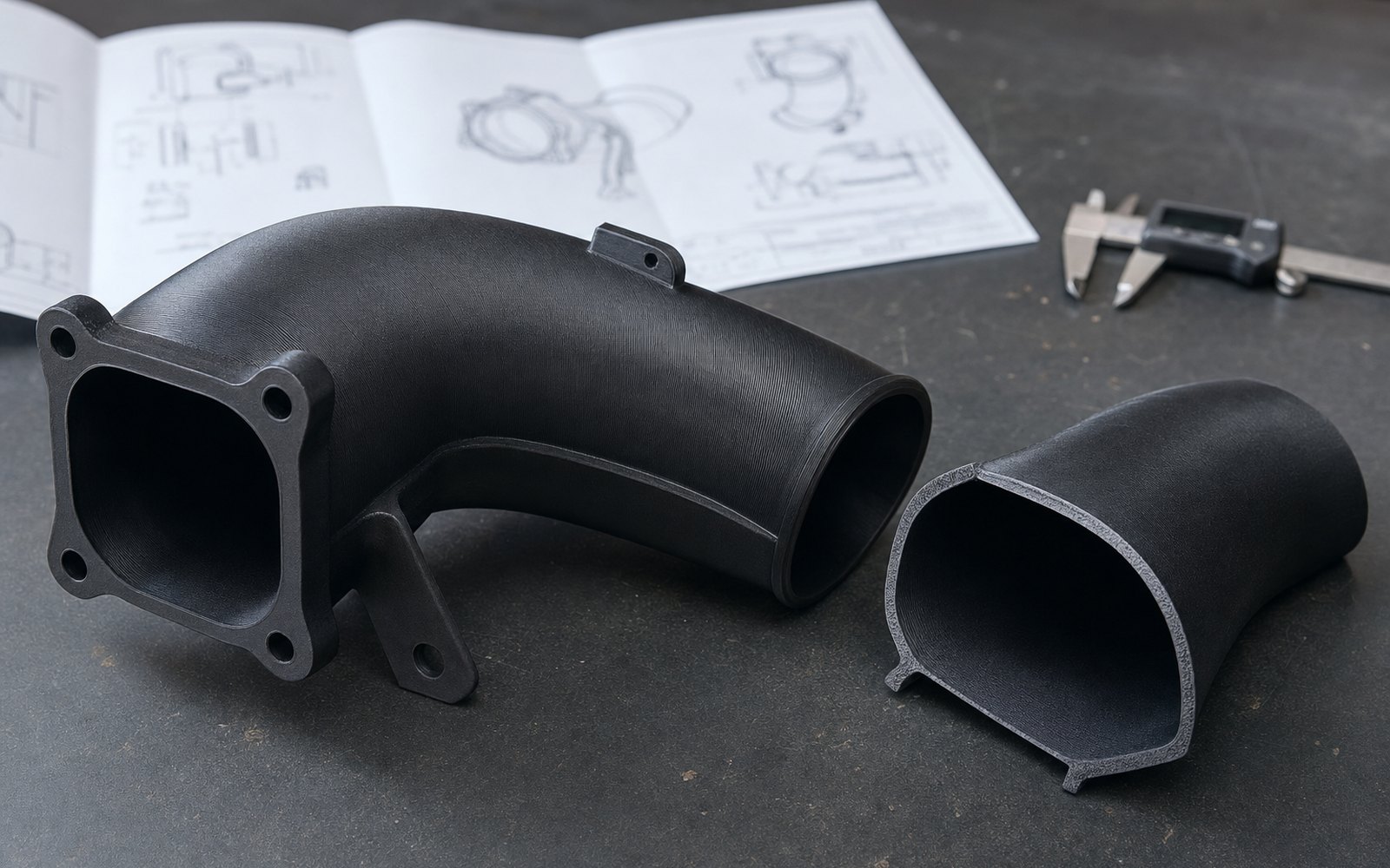 A 3D printed automotive intake prototype on an engineering bench