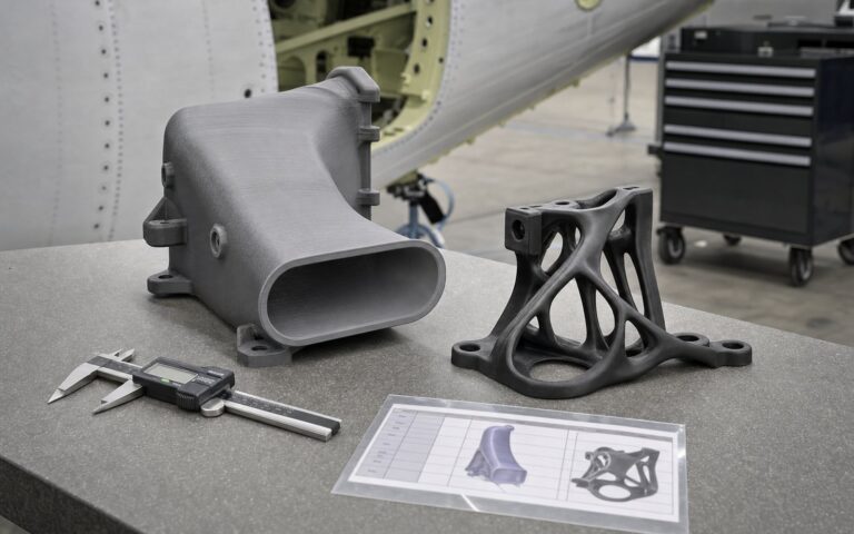 A 3D printed aircraft cabin air duct and a topology-optimised bracket on an aerospace inspection bench