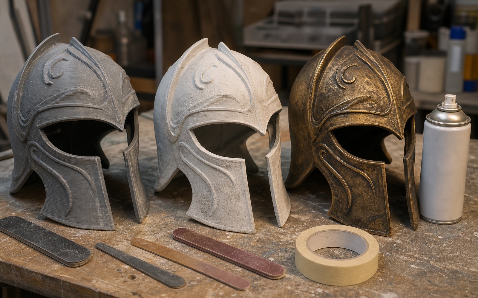 3D printed prop pieces part-finished and part-painted on a workshop bench