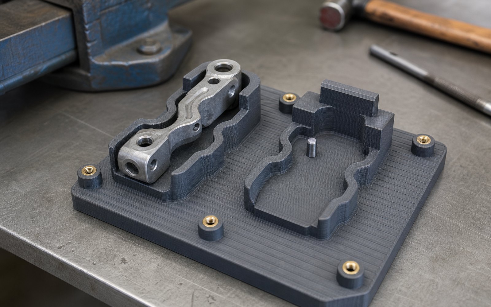 3D printed jigs and fixtures on an assembly bench