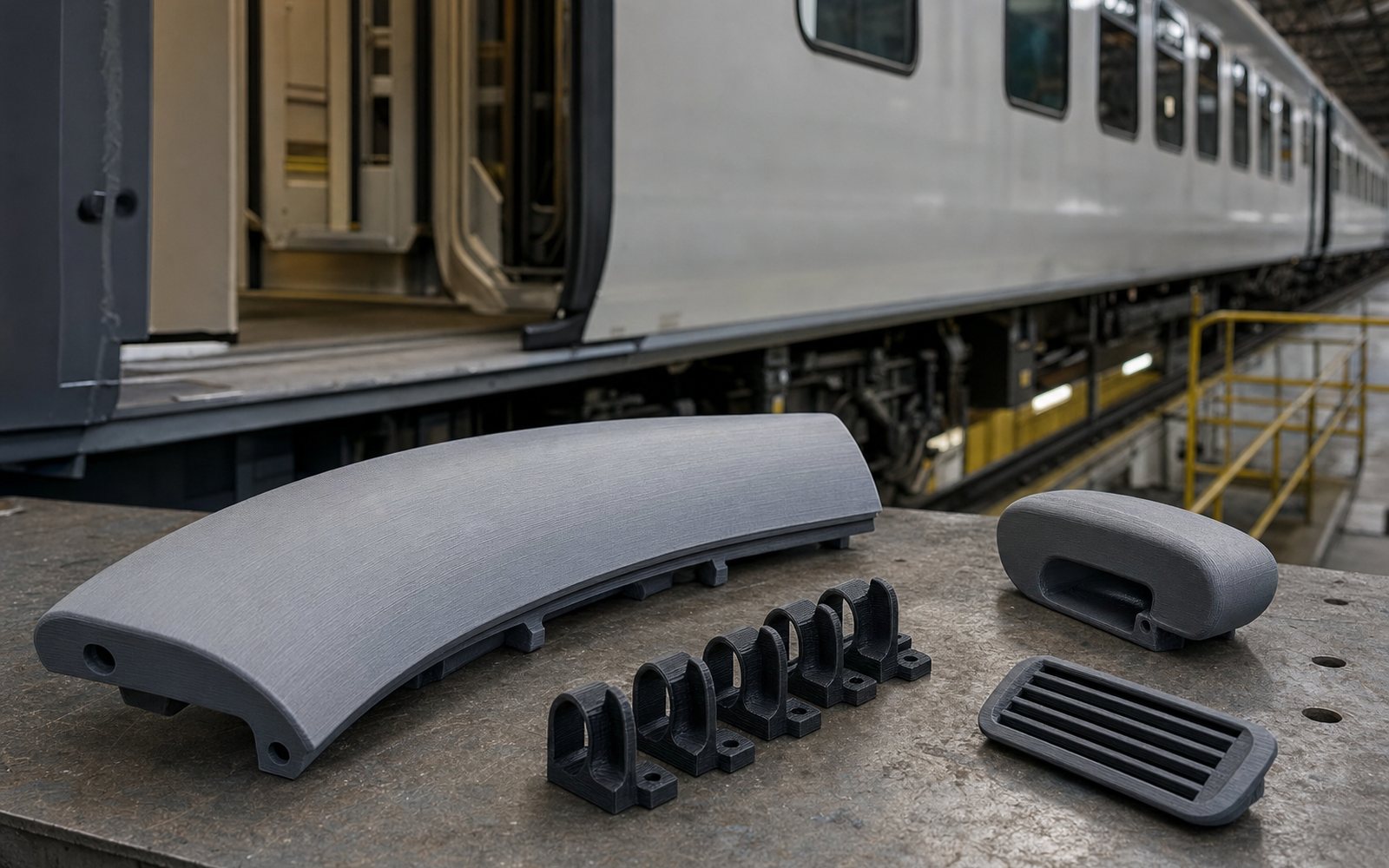 3D printed interior trim and cable clips for a train, laid out in a rail maintenance depot