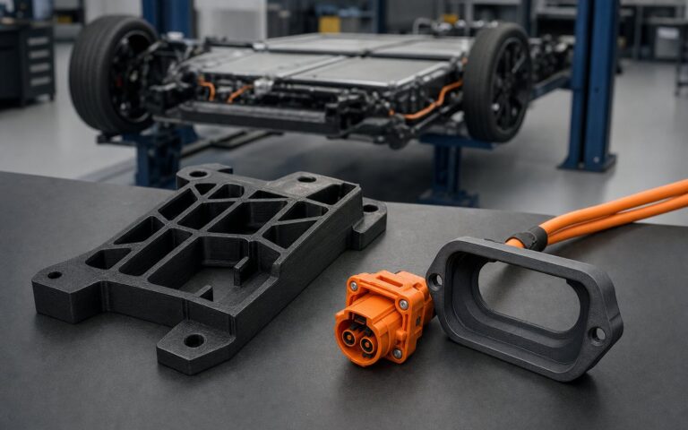 A 3D printed battery-module bracket and charge-port bezel beside an electric vehicle chassis