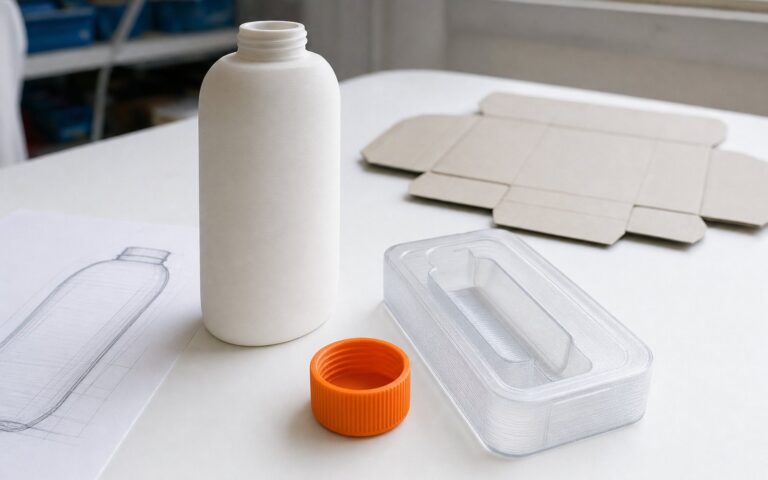 3D printed packaging prototypes: a bottle form, a cap and a tray insert on a design studio table