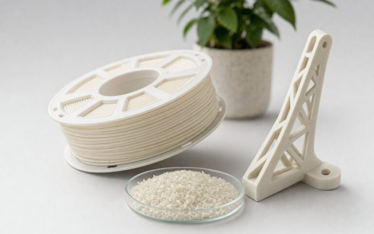 A 3D printed lattice bracket and a spool of recycled filament on a bench