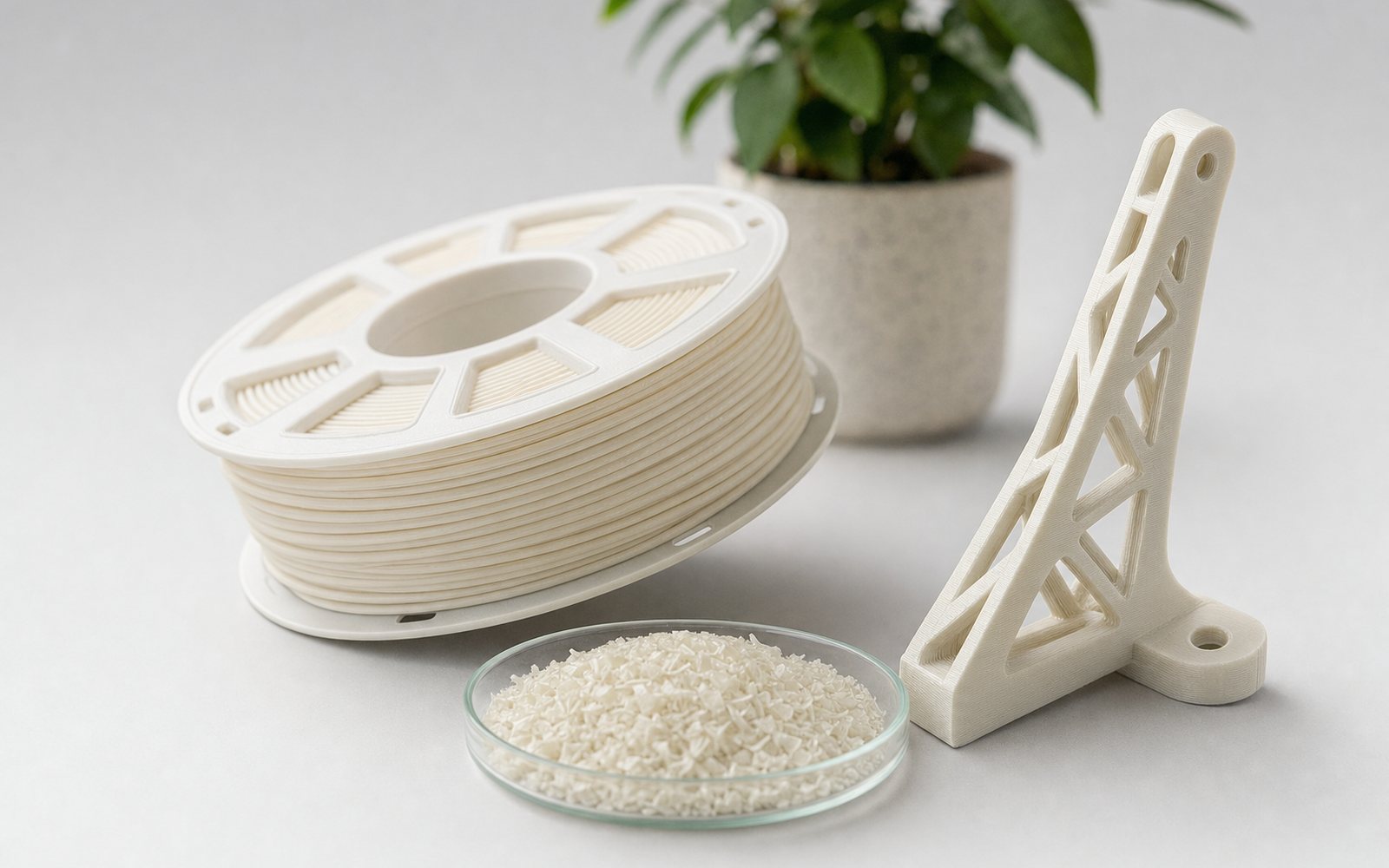 A 3D printed lattice bracket and a spool of recycled filament on a bench