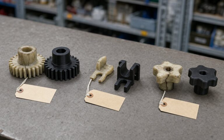 3D printed replacement parts laid out beside the worn originals on a maintenance bench