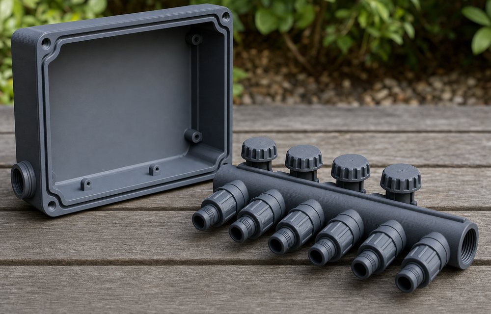 Outdoor sensor enclosure 3D printed in ASA with cable glands