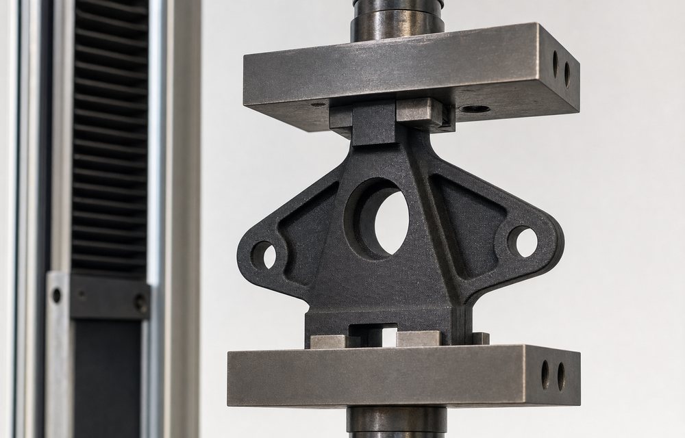 3D printed carbon-fibre nylon bracket in a test rig