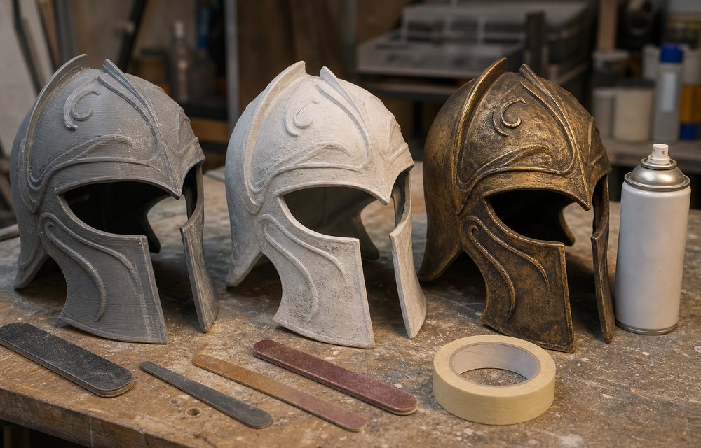 3D printed helmets being painted for a production