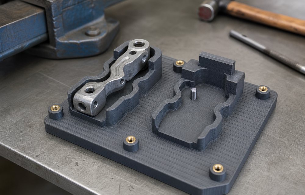 3D printed assembly jig holding a component in a conformal nest