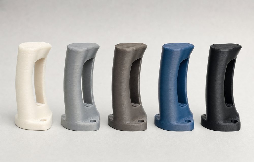 Five iterations of a handle printed in PLA