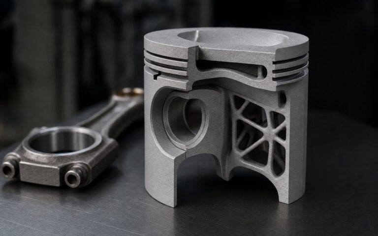 Cutaway of a 3D printed aluminium piston showing an internal cooling channel below the ring lands